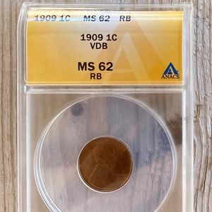 1909 Copper Penny VDB ANACS MS-62 RB